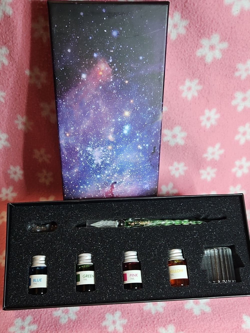 Galaxy Glass Dip Pen Set with Blue, Green, Pink, Yellow Ink - Unbranded